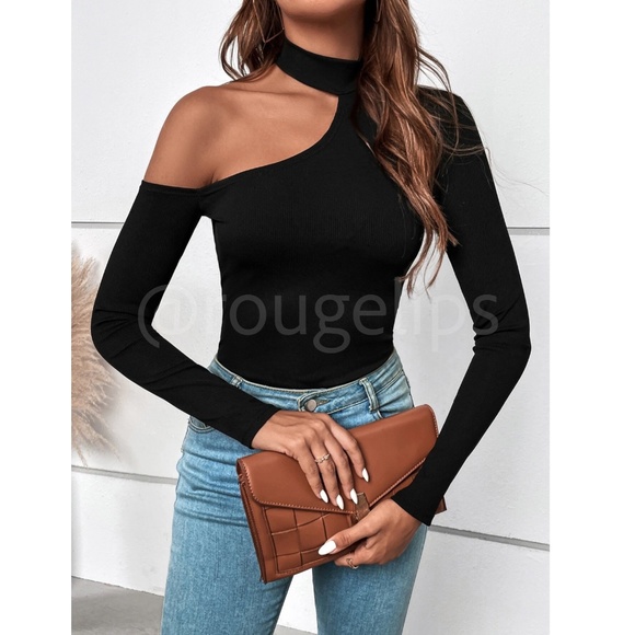 Black Off One Shoulder Asymmetrical Slim Fit Shirt Top Mock Neck - Picture 3 of 13